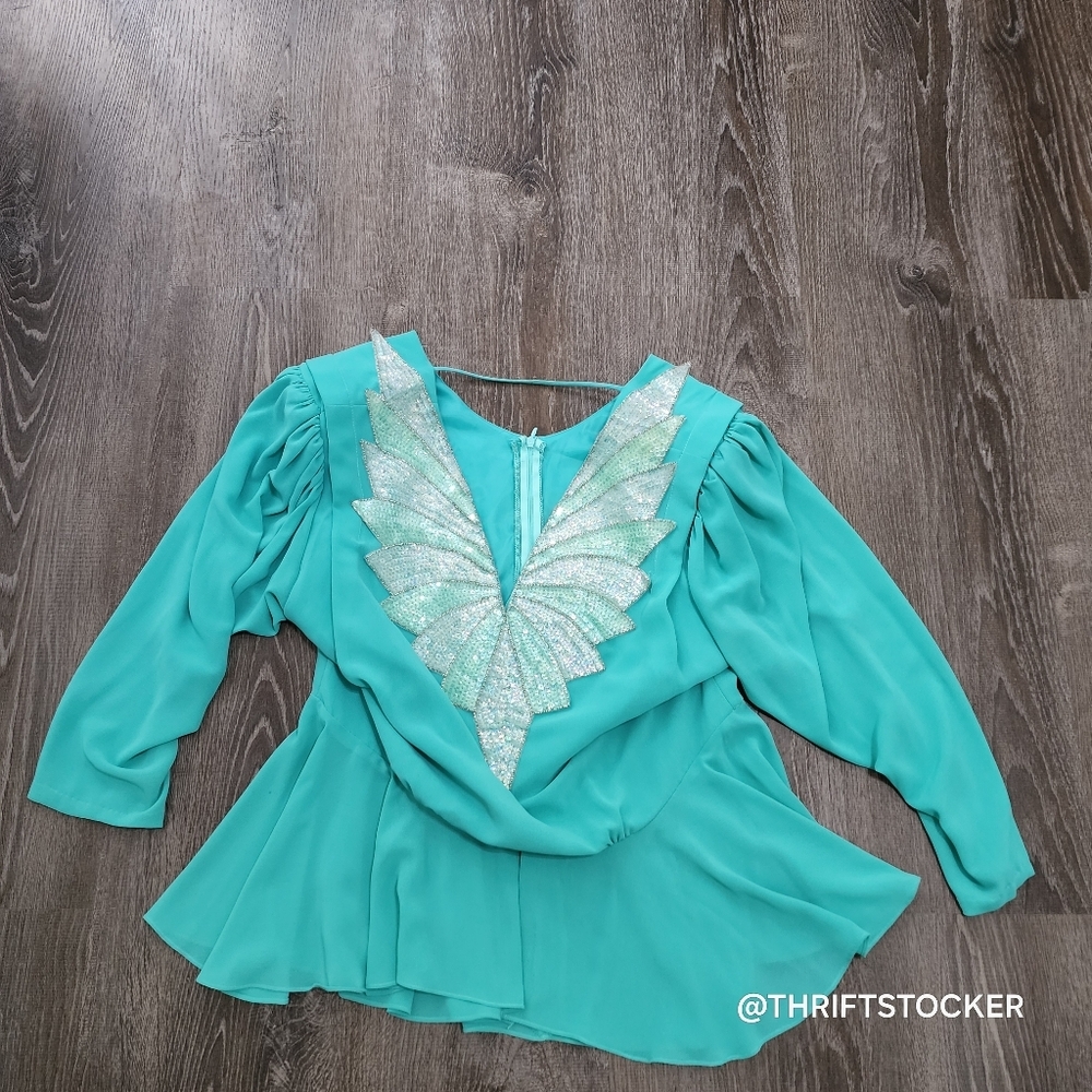 Elegant Teal Vintage Blouse with Silver Accents - Picture 6 of 8